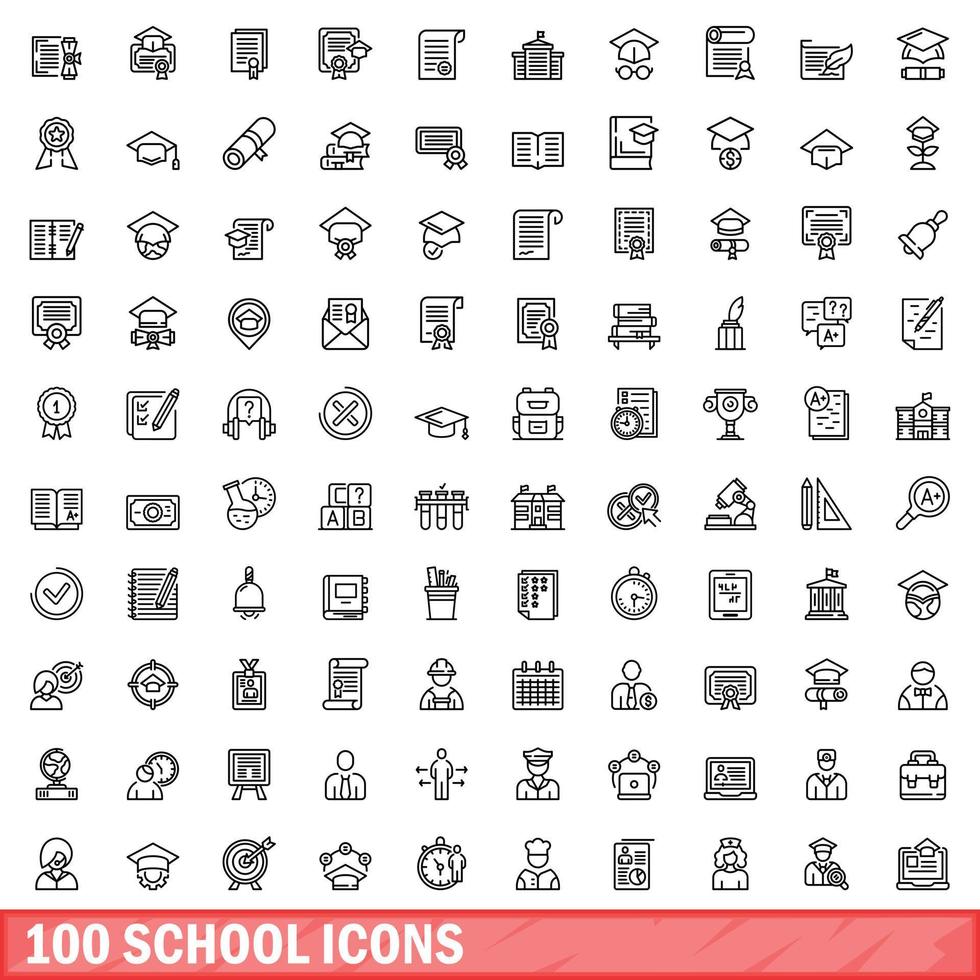 100 Schulsymbole gesetzt, Umrissstil vektor