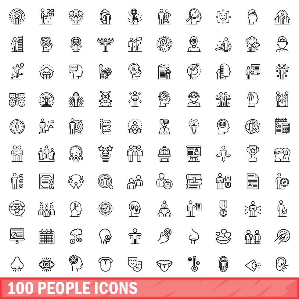 100 personer ikoner set, kontur stil vektor