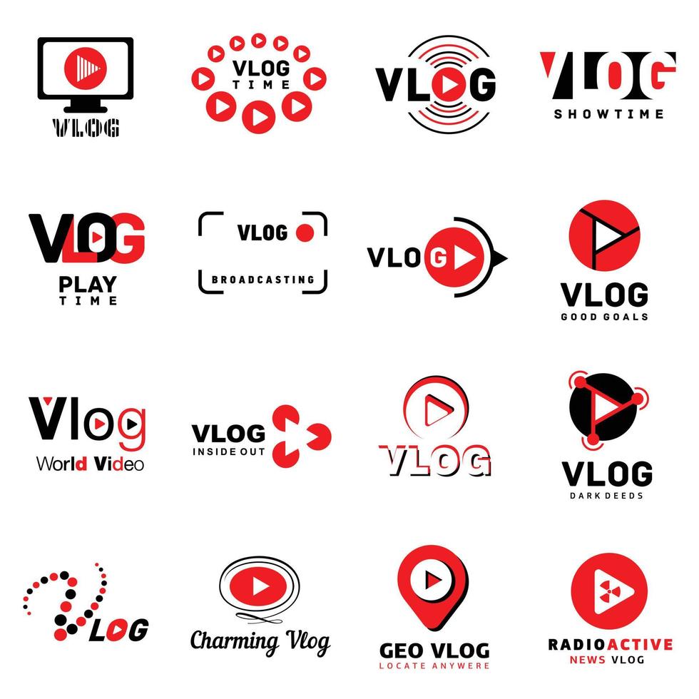 Vlog-Videokanal-Logo-Symbole gesetzt, einfacher Stil vektor