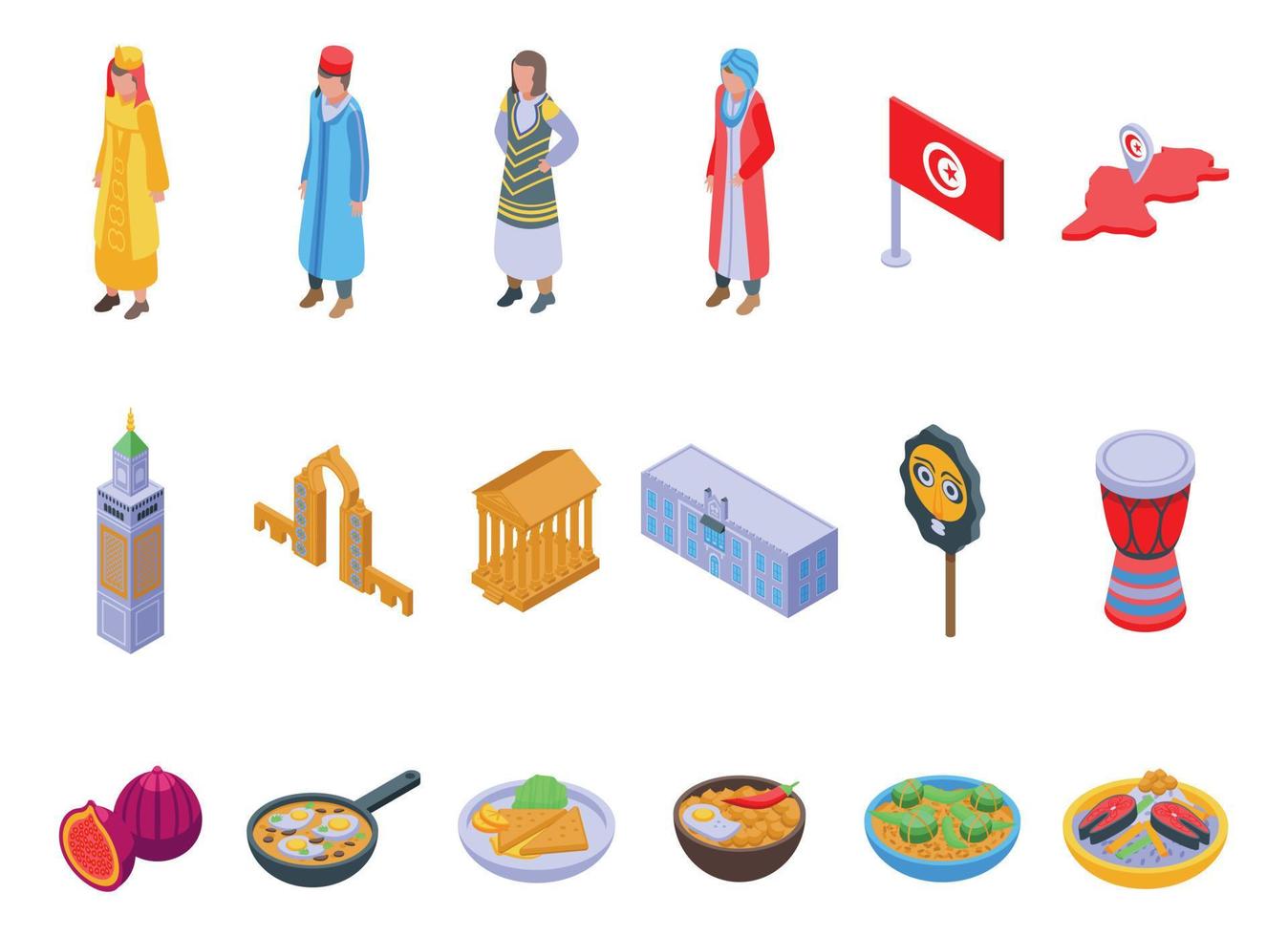 tunisien ikoner set isometrisk vektor. stads land vektor