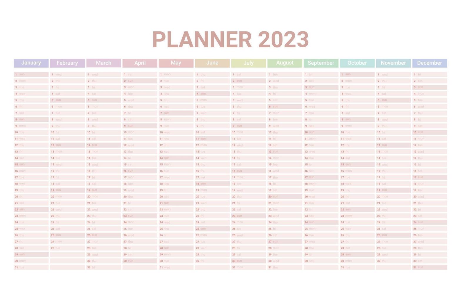 planerare engelsk kalender för 2023 år, mallschema kalender med 12 vertikala månader på en sida. väggarrangör, mall för årlig planerare. vektor illustration