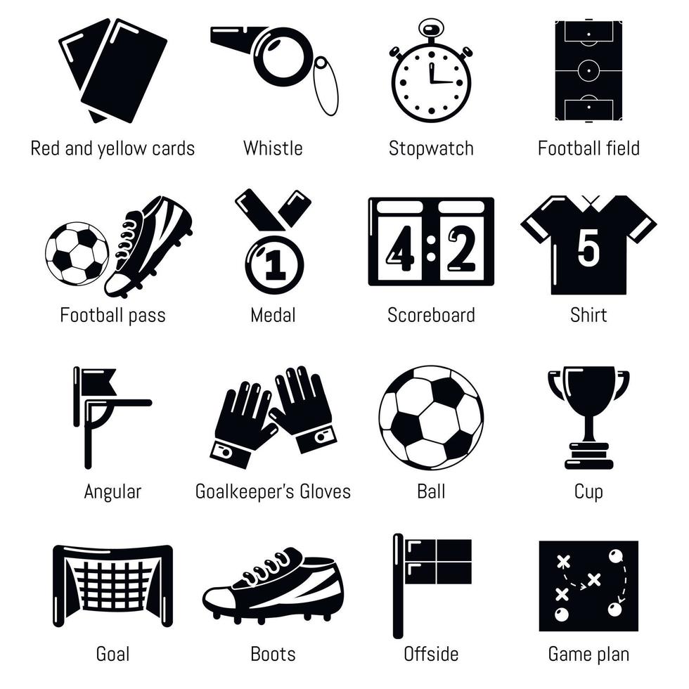 Fußball-Fußball-Icons gesetzt, einfacher Stil vektor