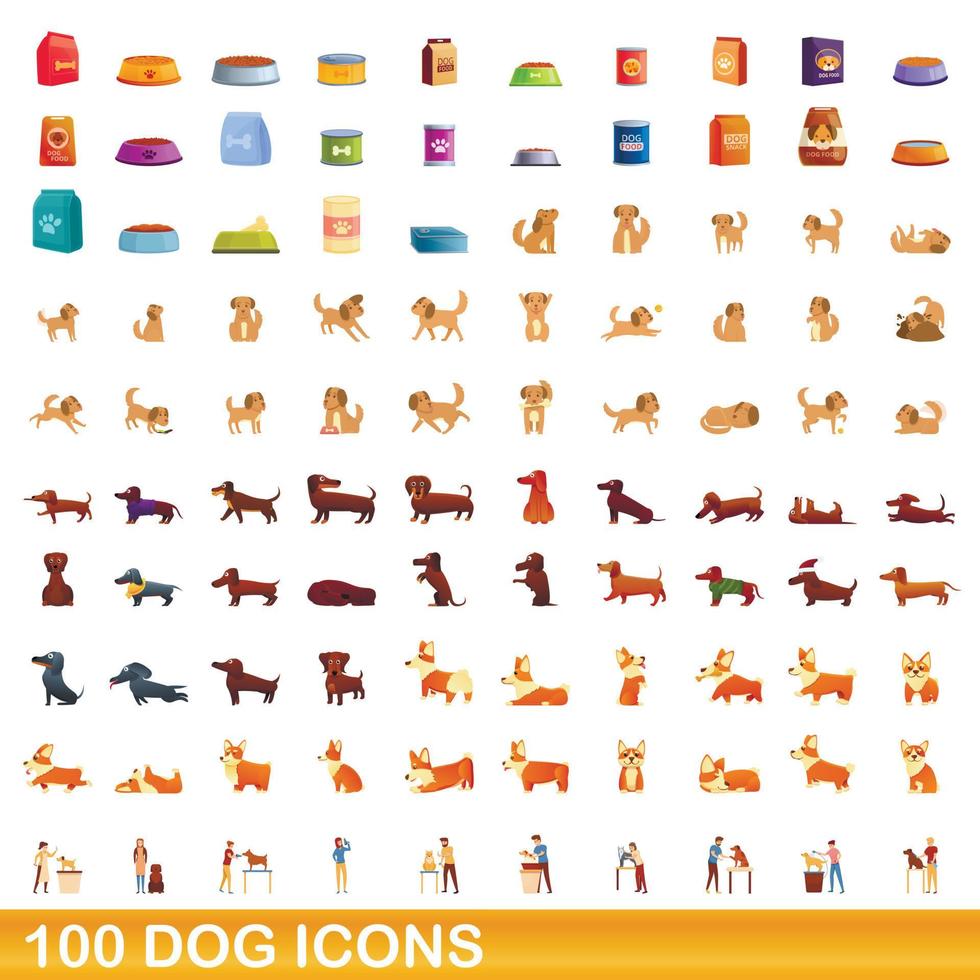 100 hund ikoner set, tecknad stil vektor