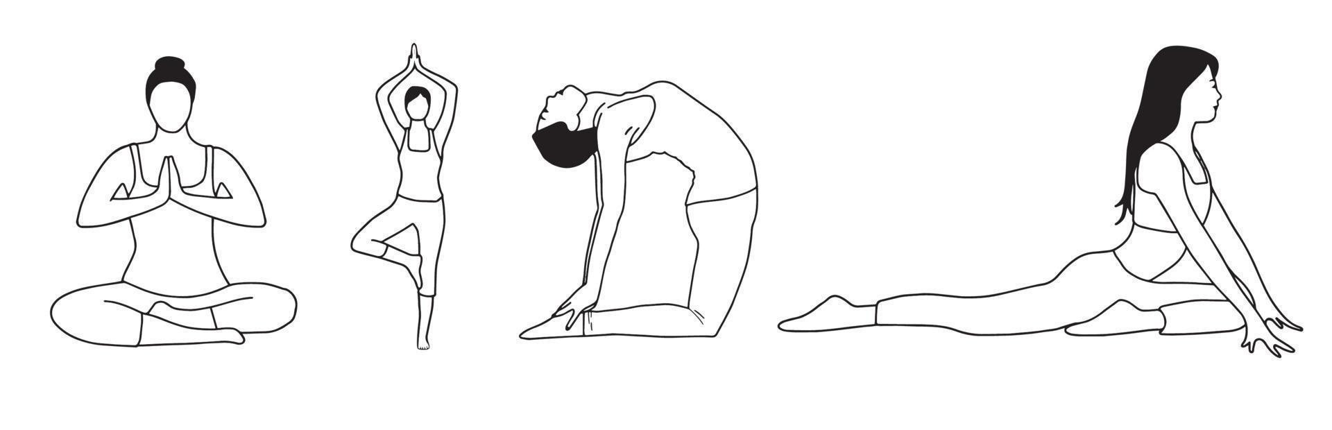 Yoga stellt handgezeichnete Symbole dar. schwarzes Icon-Set. Baumhaltung, Kobra, Kamelhaltung, Dehnung vektor