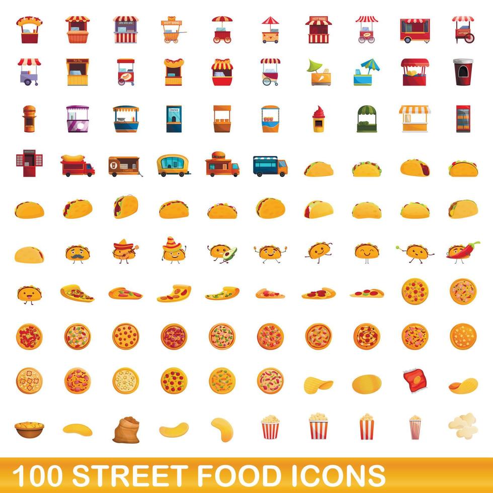 100 Streetfood-Icons im Cartoon-Stil vektor