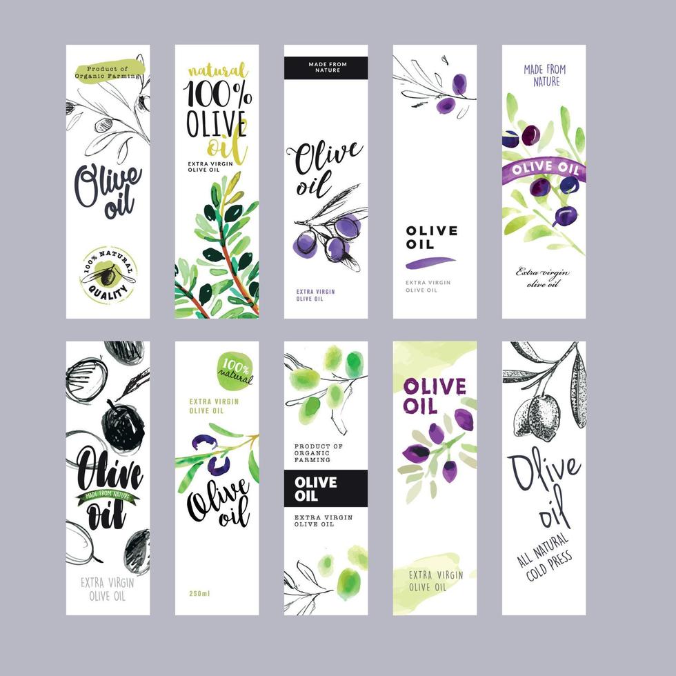 Reihe von Etiketten für Olivenöl. Gebrauchsfertige handgezeichnete Aquarell-Vektorillustrationen für Olivenölverpackungen. vektor