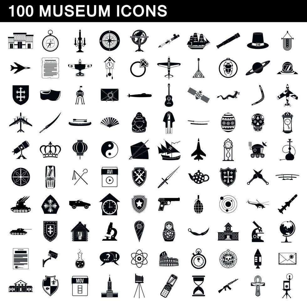 100 Museumsikonen eingestellt, einfacher Stil vektor