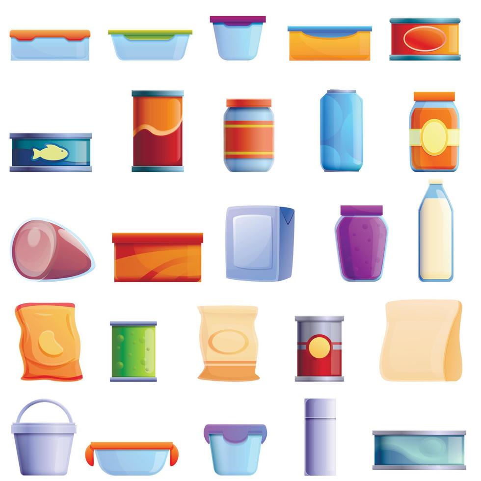 Symbole zur Aufbewahrung von Lebensmitteln gesetzt, Cartoon-Stil vektor