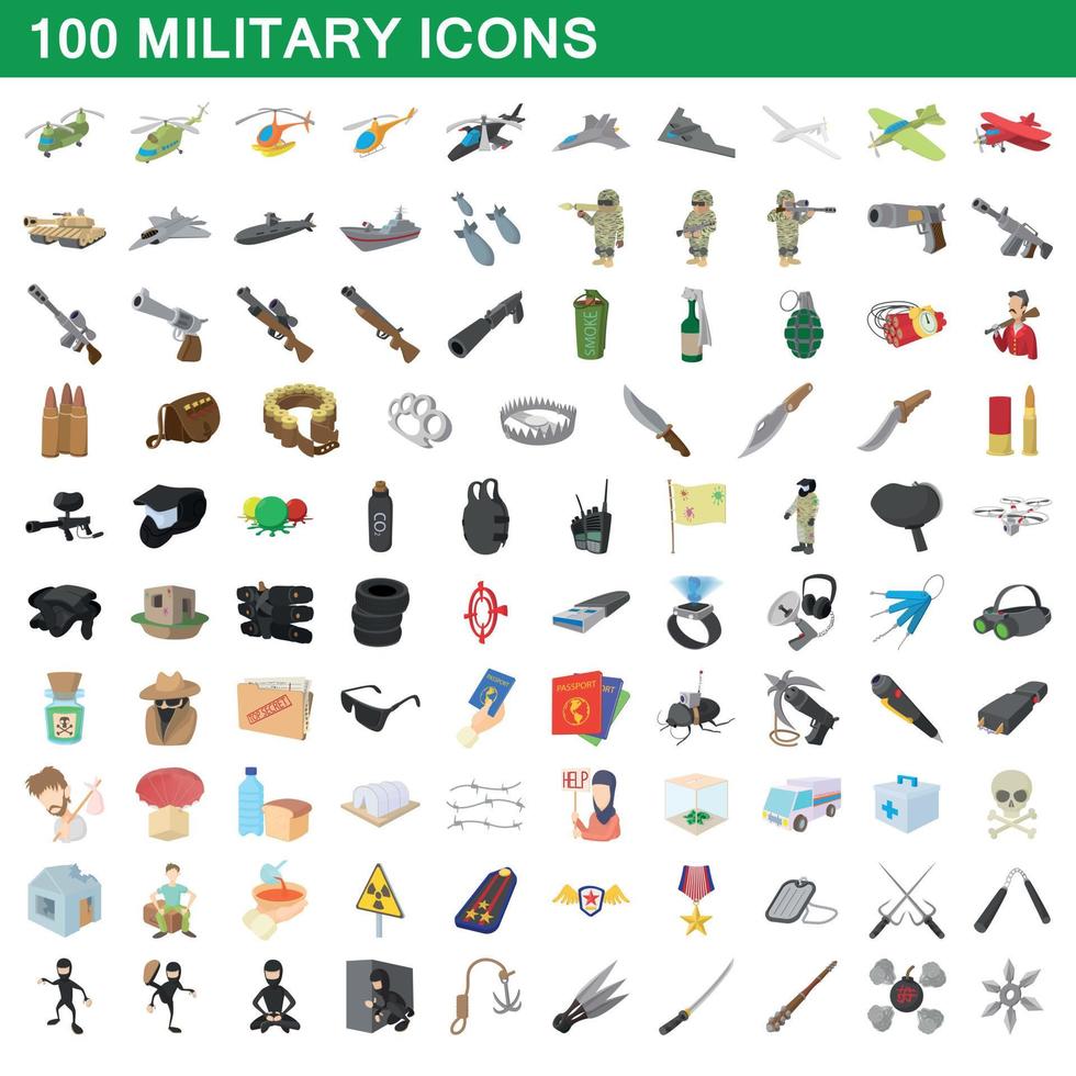 100 militärische Symbole im Cartoon-Stil vektor