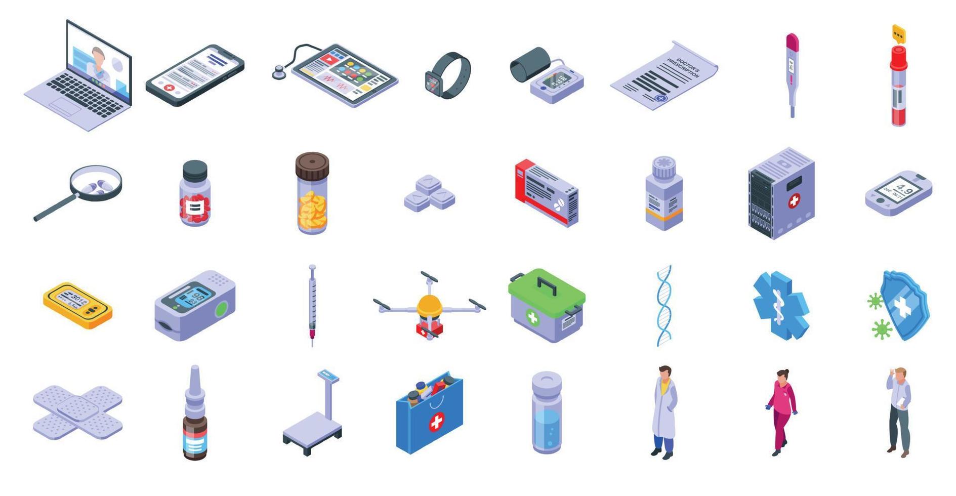 Telemedizin-Symbole gesetzt, isometrischer Stil vektor