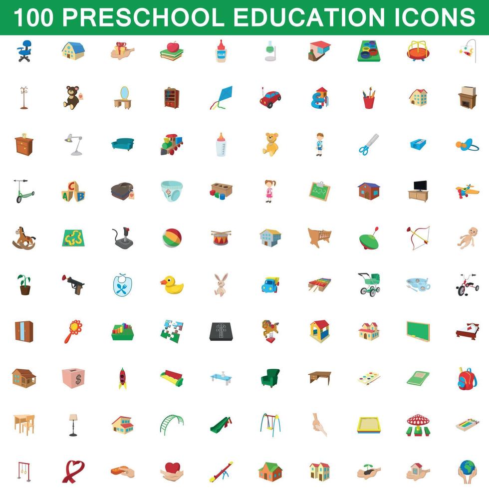 100 Symbole für die Vorschulbildung im Cartoon-Stil vektor