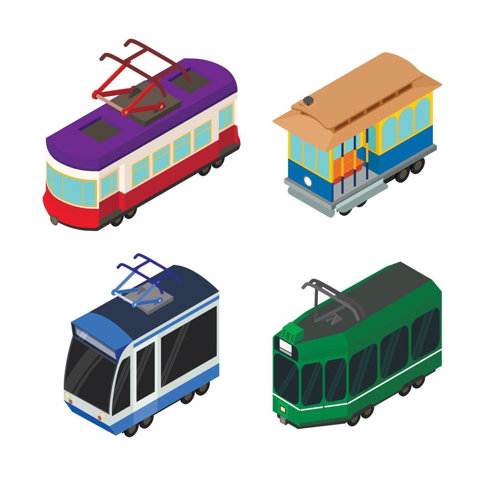 Straßenbahnwagen-Symbole gesetzt, isometrischer Stil vektor