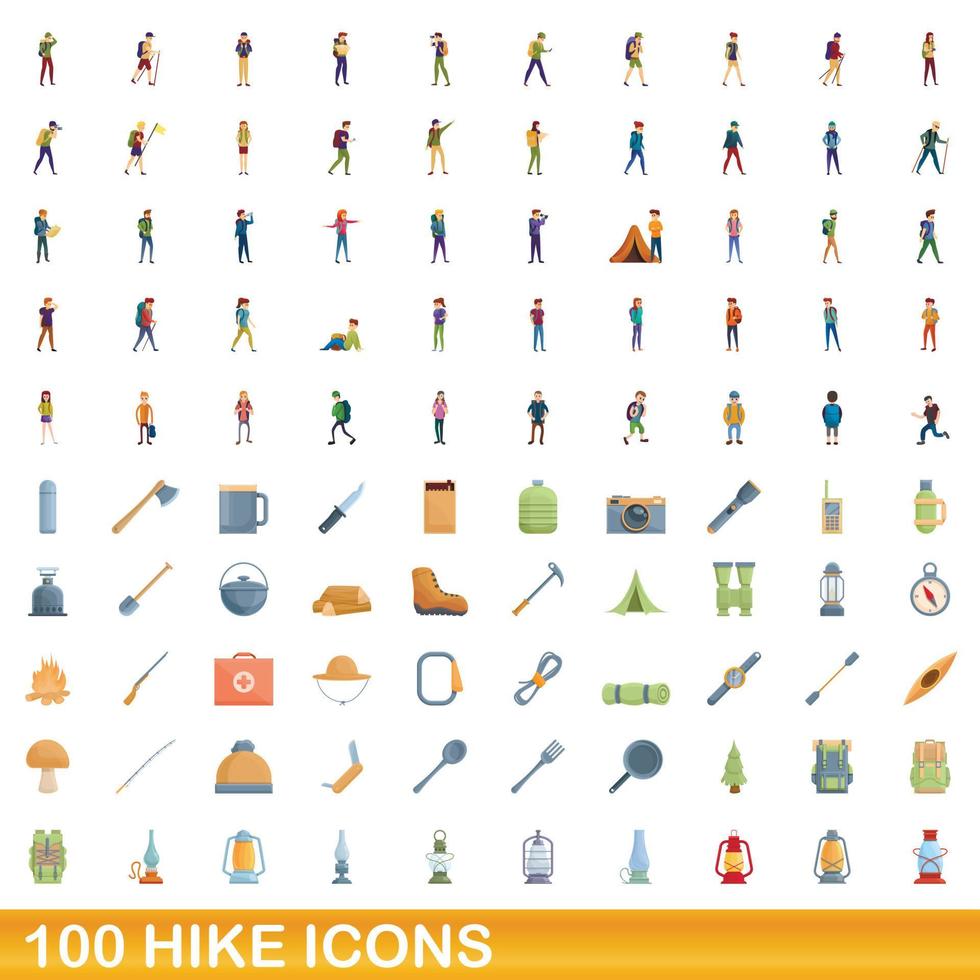 100 vandring ikoner set, tecknad stil vektor