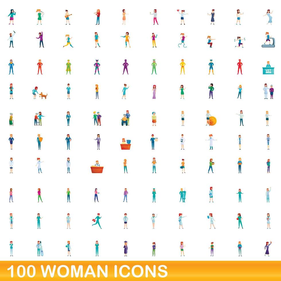 100 kvinna ikoner set, tecknad stil vektor