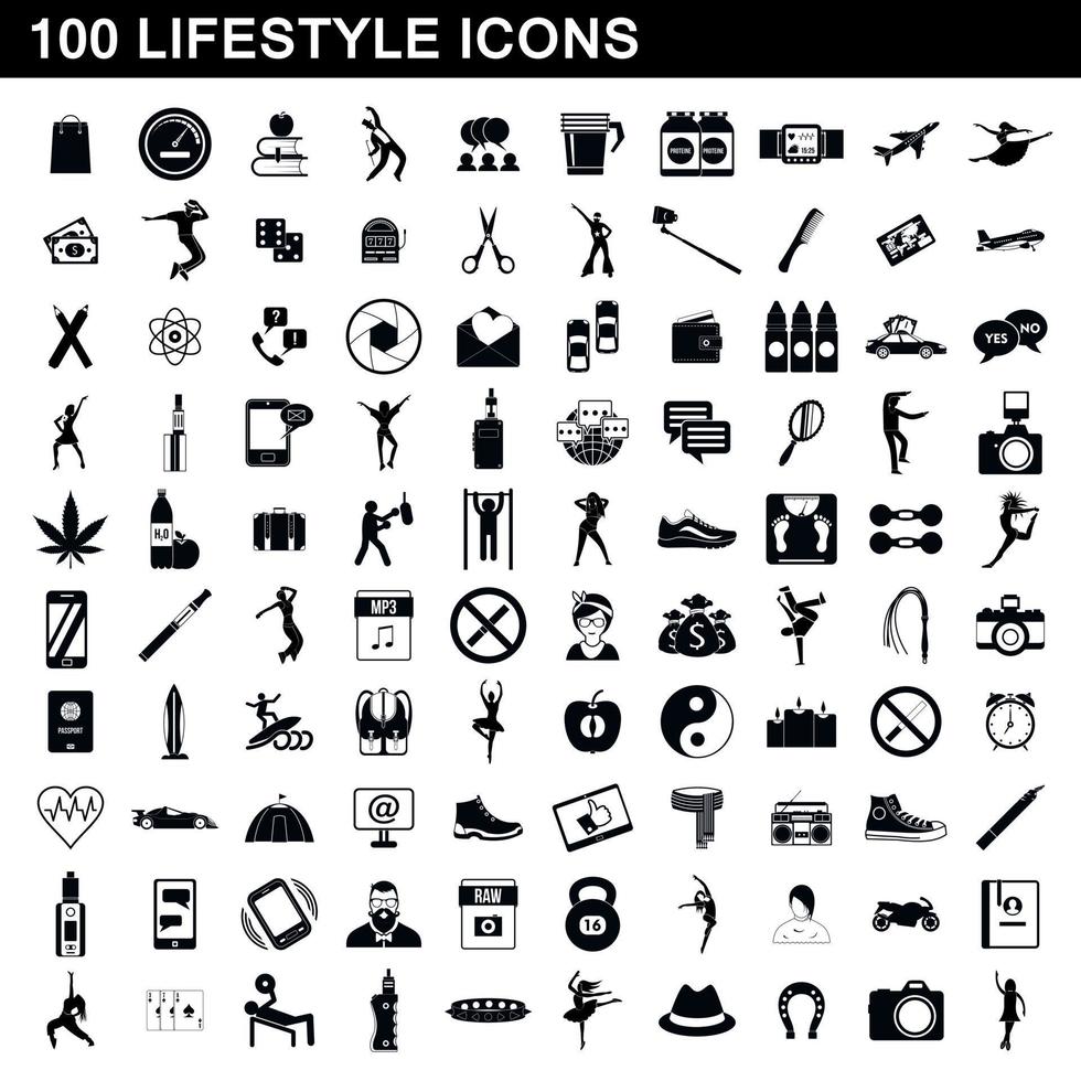 100 Lifestyle-Icons gesetzt, einfacher Stil vektor