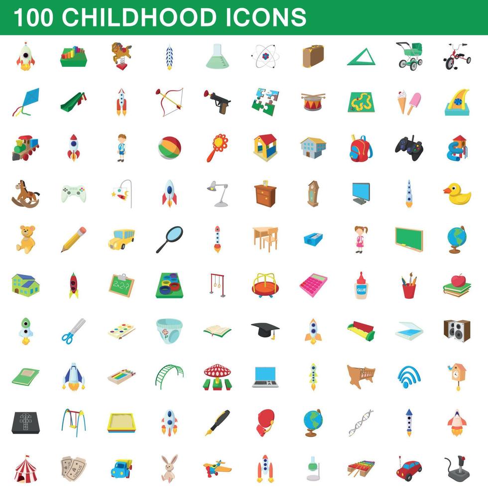 100 barndom ikoner set, tecknad stil vektor