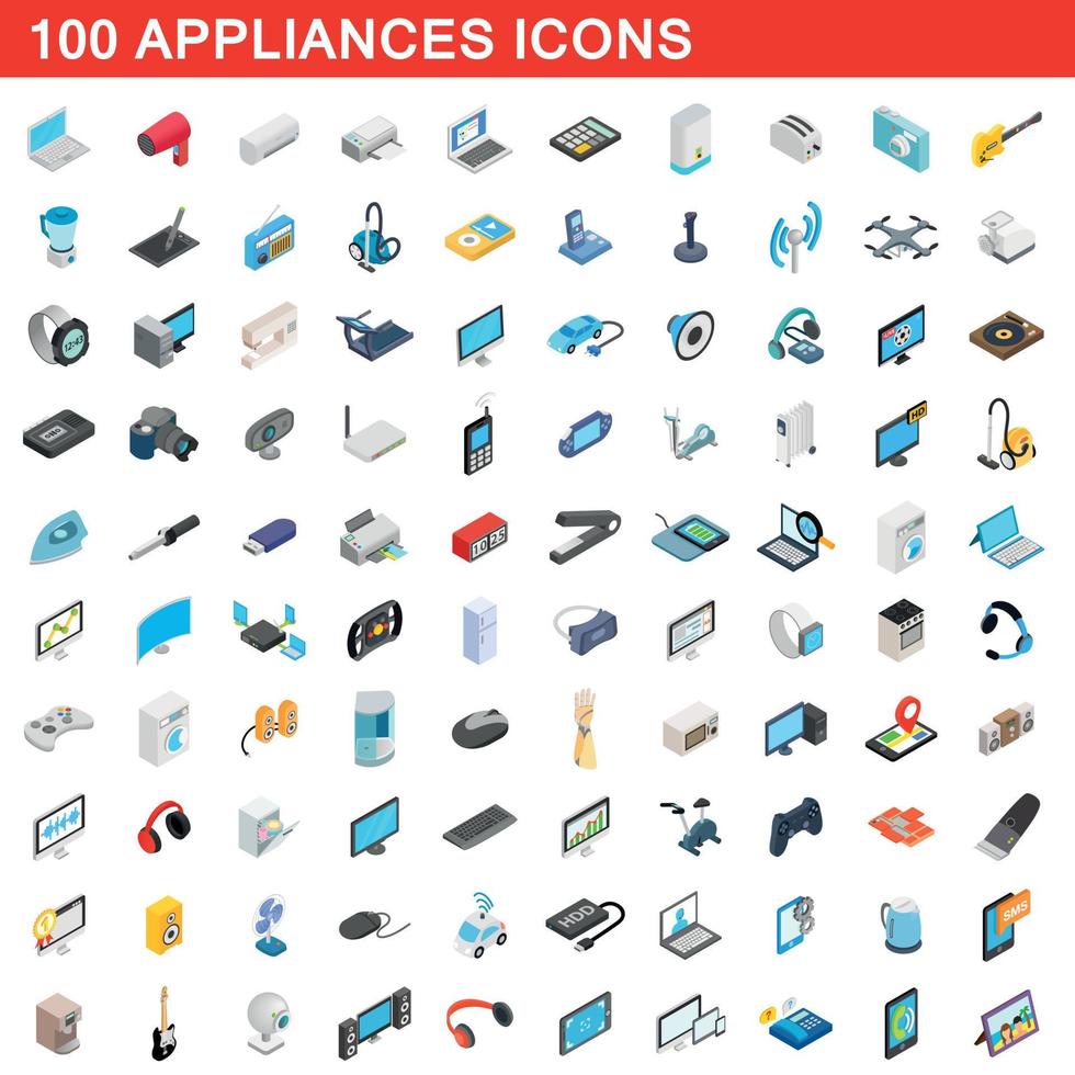 100 Gerätesymbole gesetzt, isometrischer 3D-Stil vektor