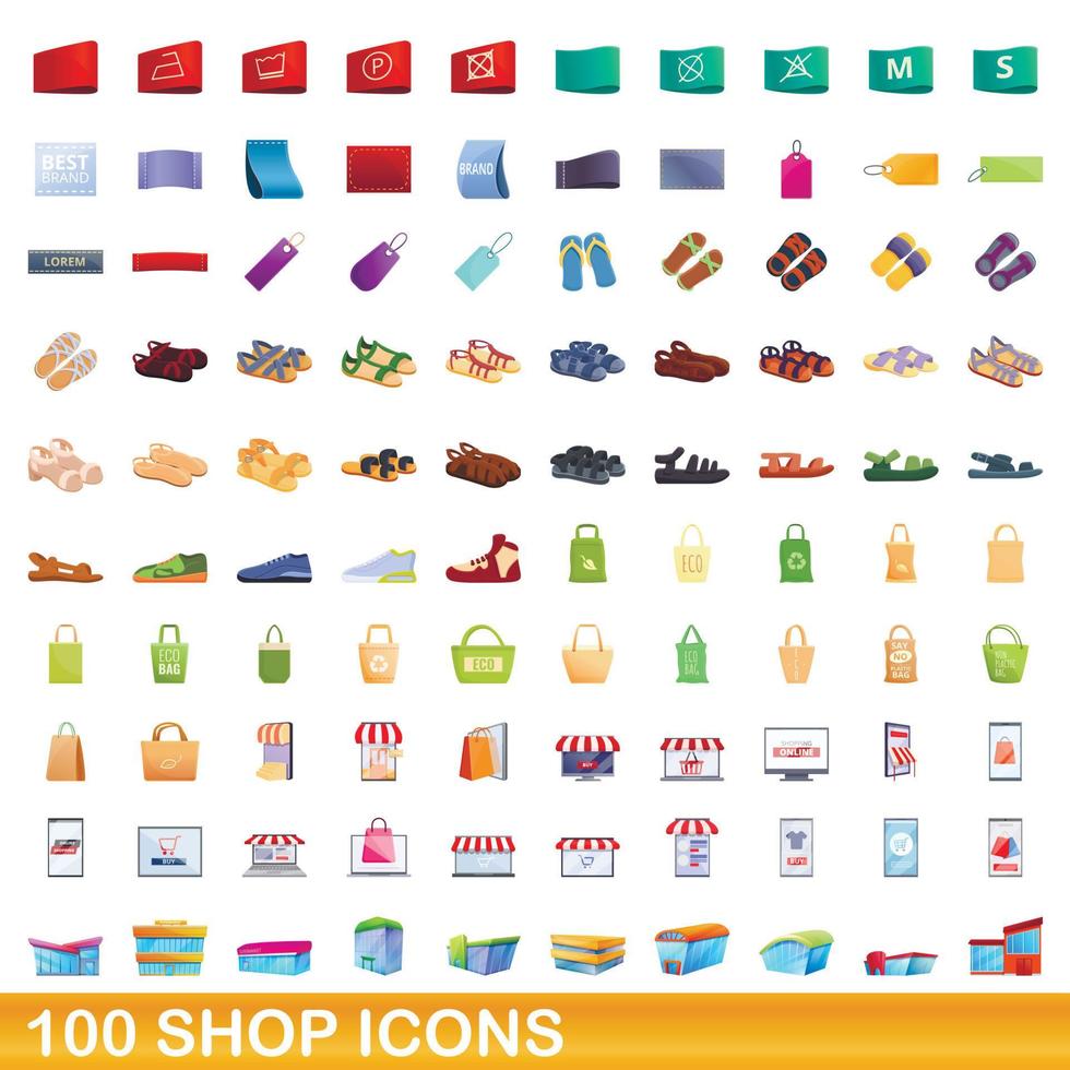 100 butik ikoner set, tecknad stil vektor
