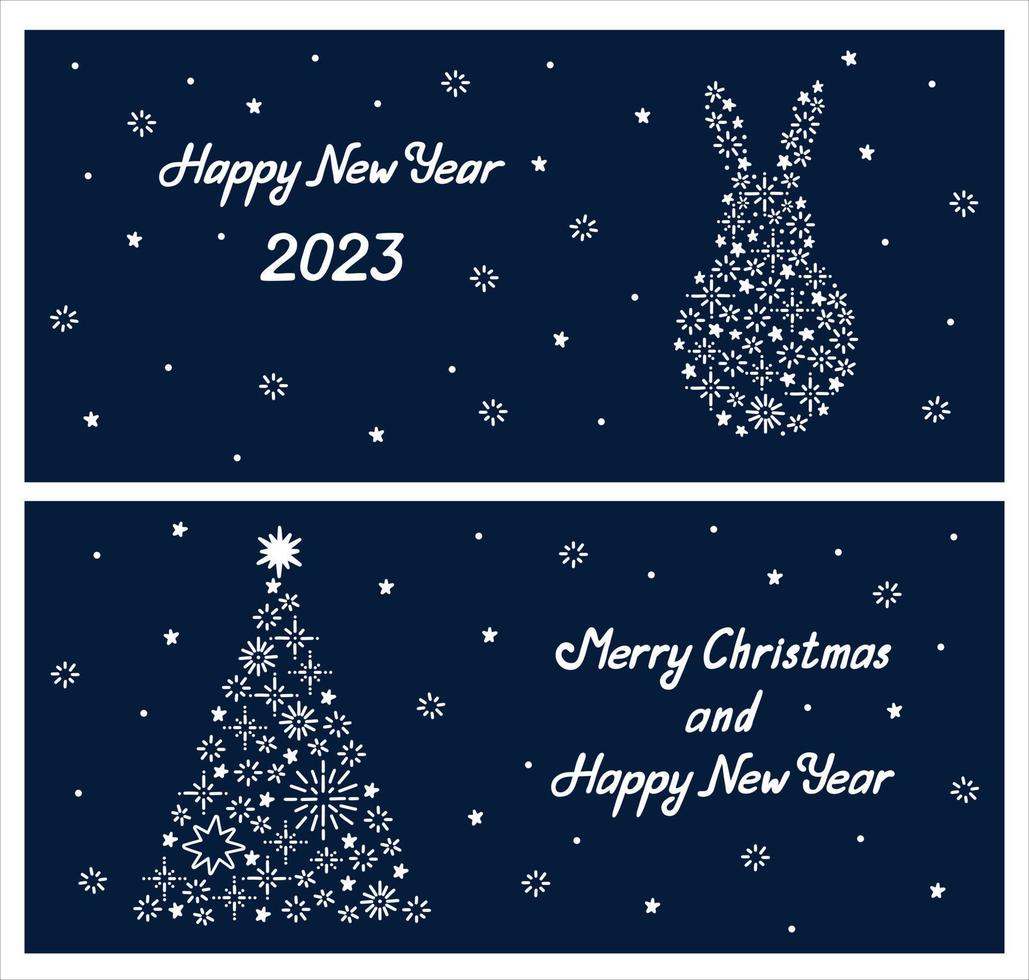 nytt år 2023 gratulationskort med kanin och julgran silhuetter. snöflingor och stjärna former handritad doodle bakgrund. vinter banner mall för webb och tryck vektor