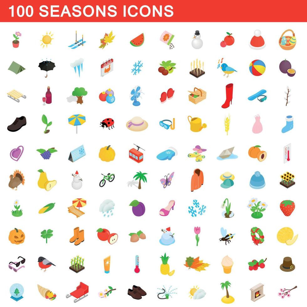 100 säsonger ikoner set, isometrisk 3d-stil vektor