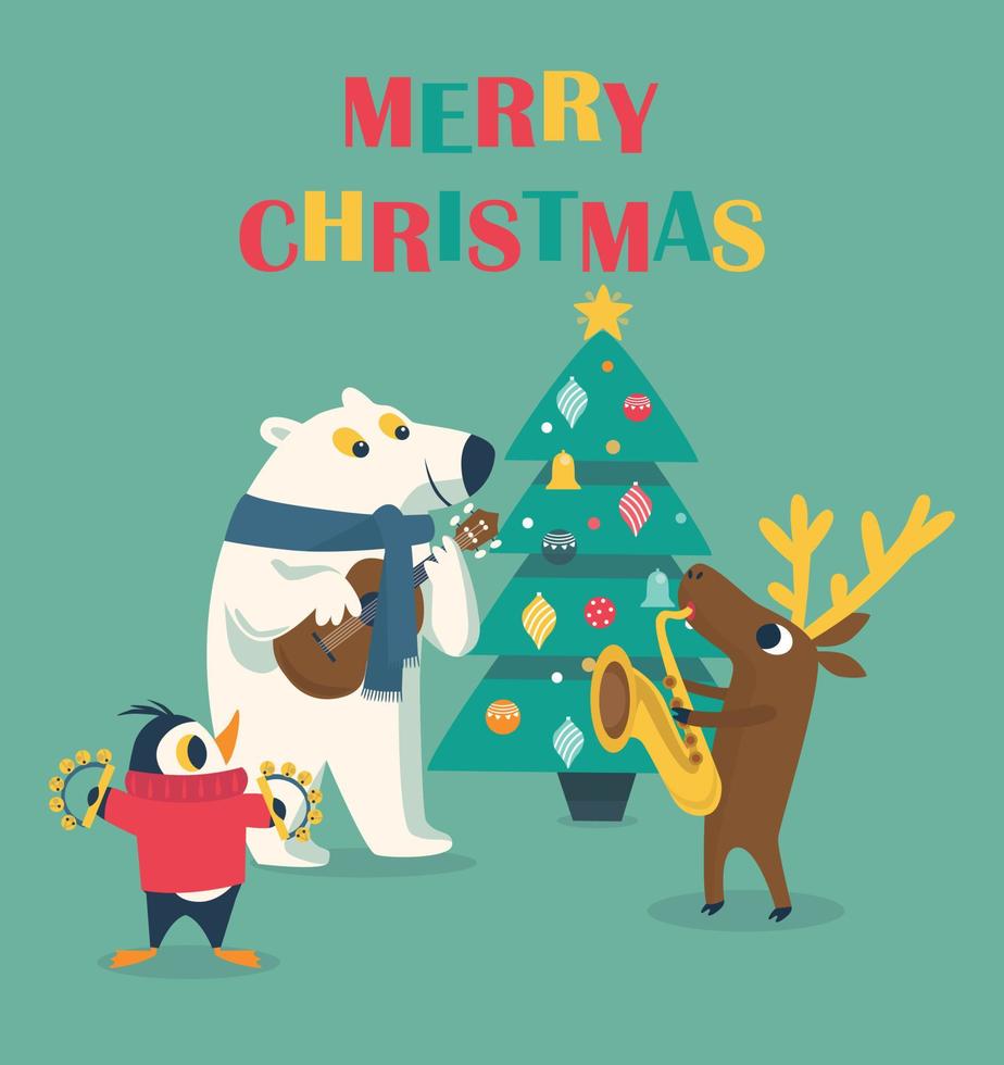 julkort med isbjörnspingvin och rådjur som spelar musik vektor