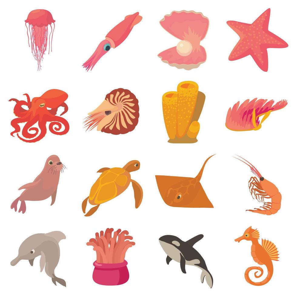 havet djur fauna ikoner set, tecknad stil vektor