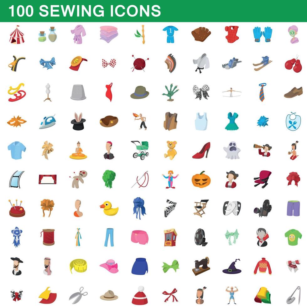 100 sömnad ikoner set, tecknad stil vektor
