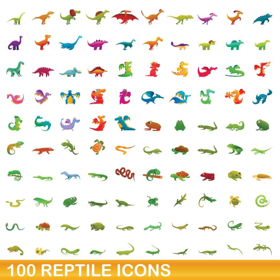 100 reptilikoner set, tecknad stil vektor