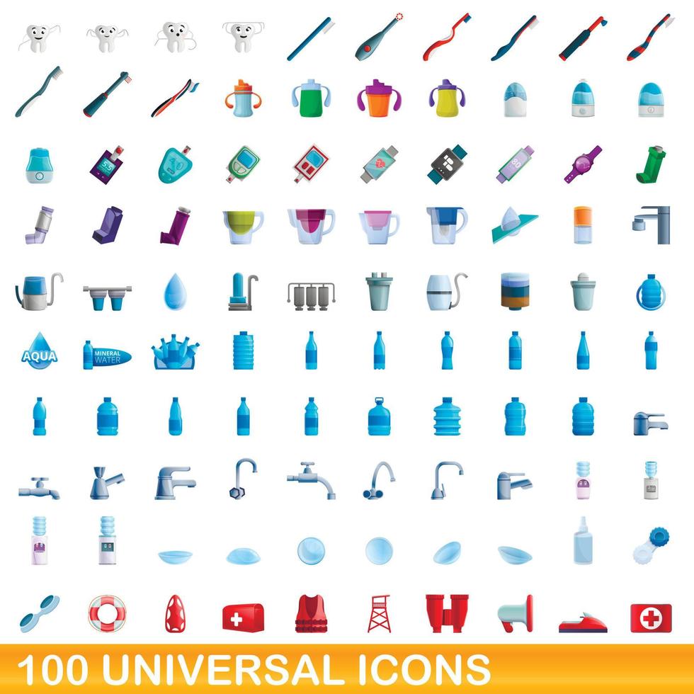 100 universella ikoner set, tecknad stil vektor