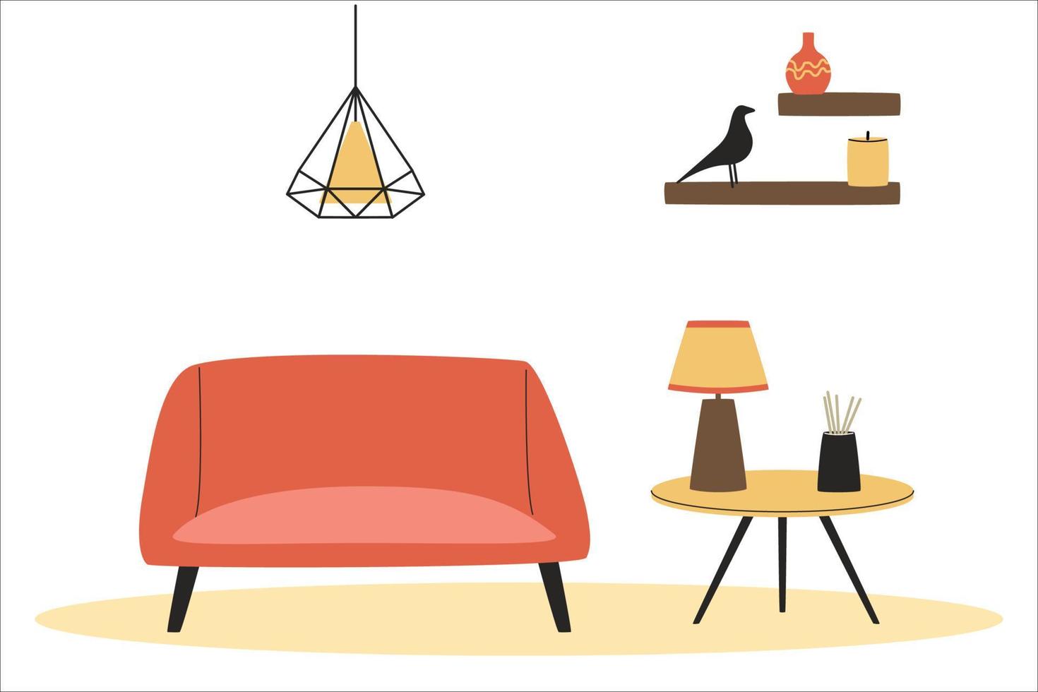 gemütliches skandinavisches interieur. Wohnzimmer. Couch und Beistelltisch. Hygge nach Hause. flache vektorillustration. vektor