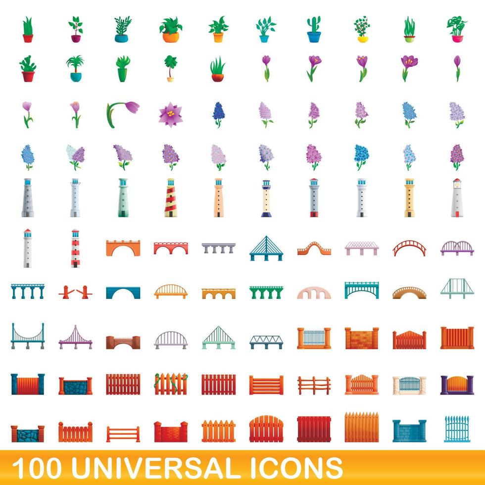 100 universella ikoner set, tecknad stil vektor