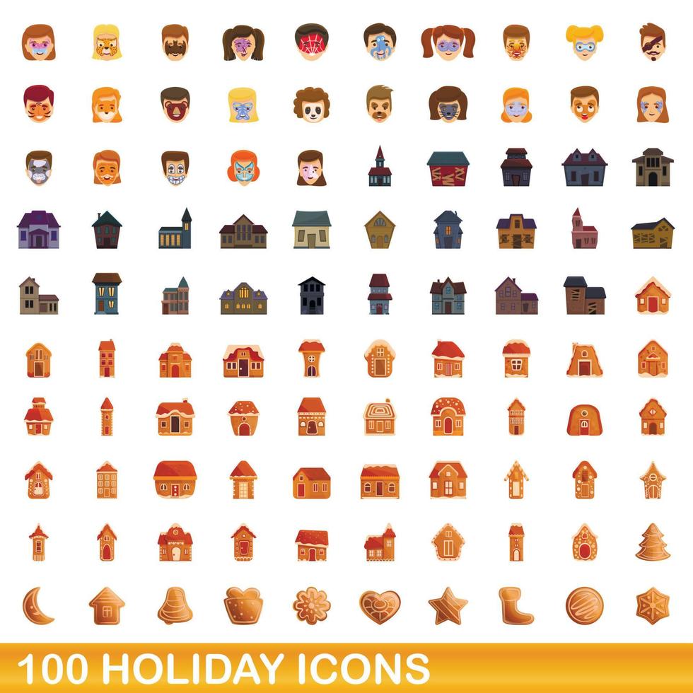 100 semester ikoner set, tecknad stil vektor