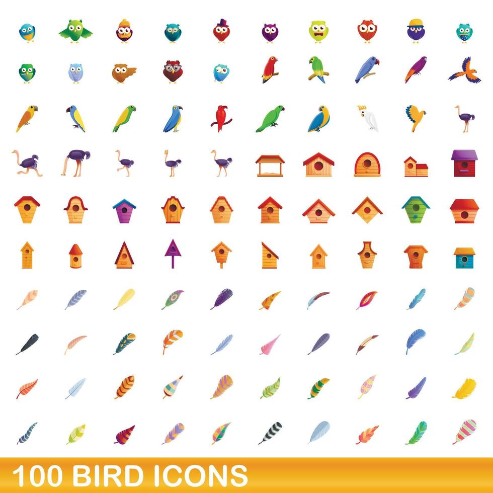 100 fågel ikoner set, tecknad stil vektor