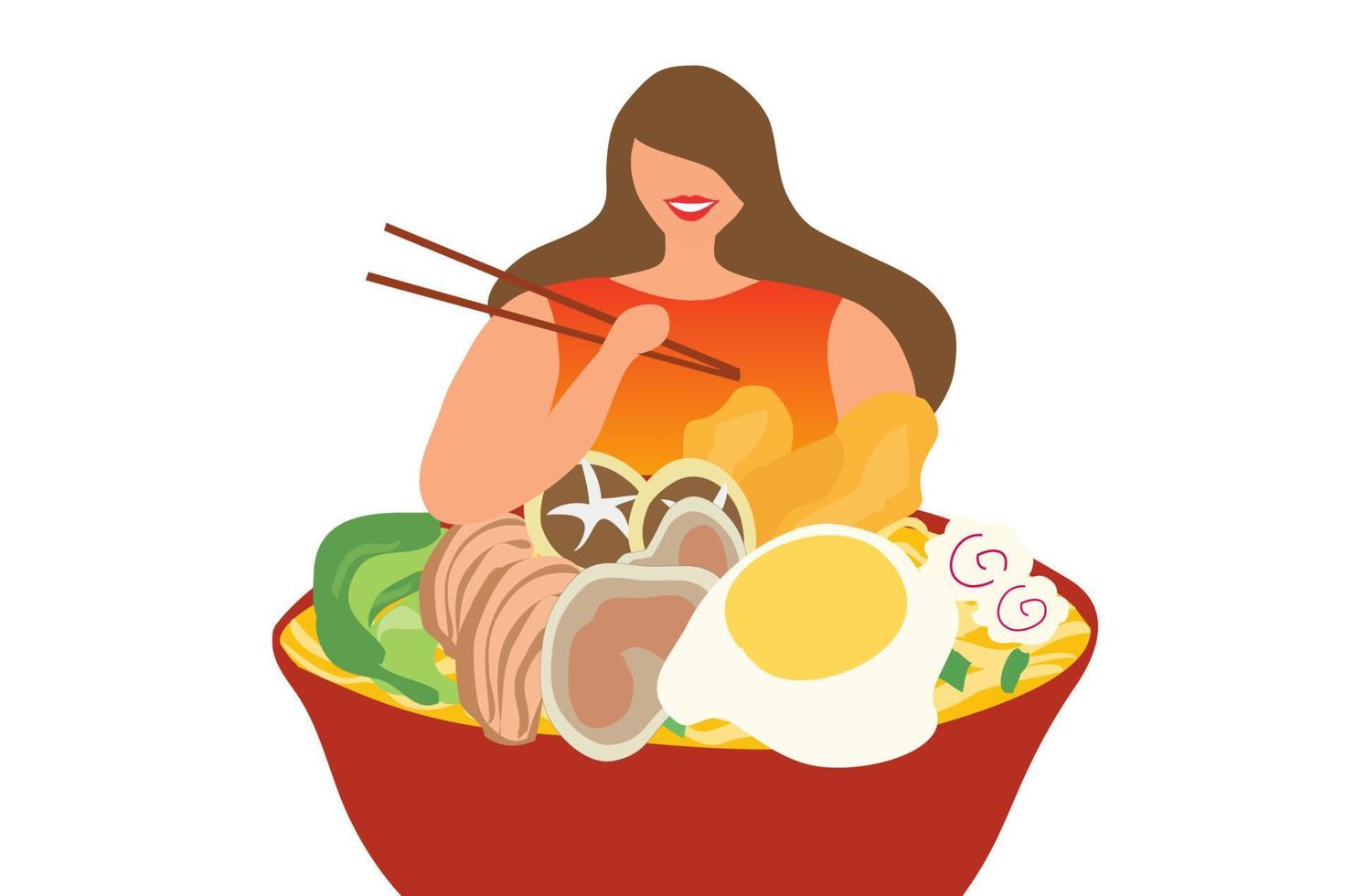 leende kvinna äter japansk ramen nudelsoppa skål mat isolerade vektorillustration. livsmedel affärsidé bakgrund vektor