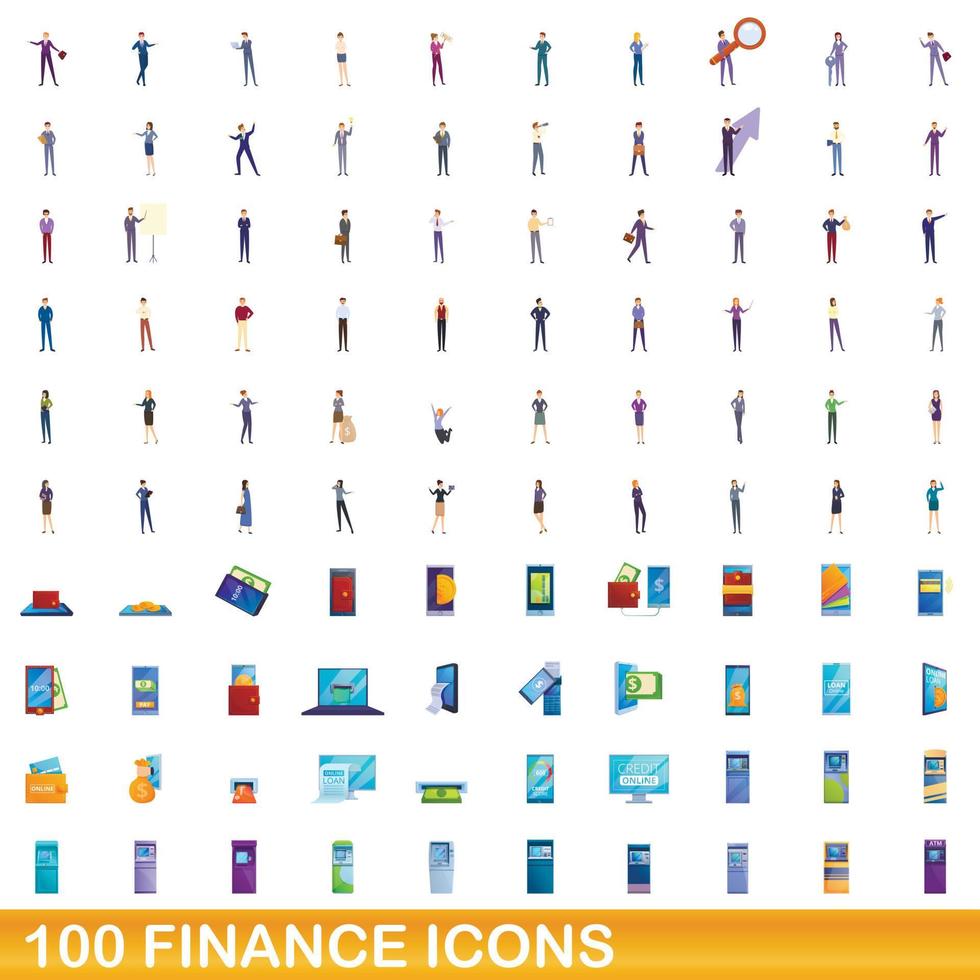 100 finans ikoner set, tecknad stil vektor