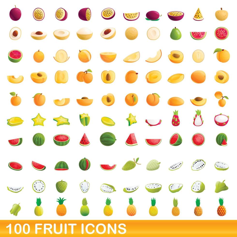 100 frukt ikoner set, tecknad stil vektor