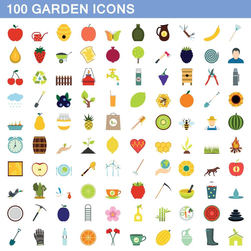 100 Gartensymbole gesetzt, flacher Stil vektor