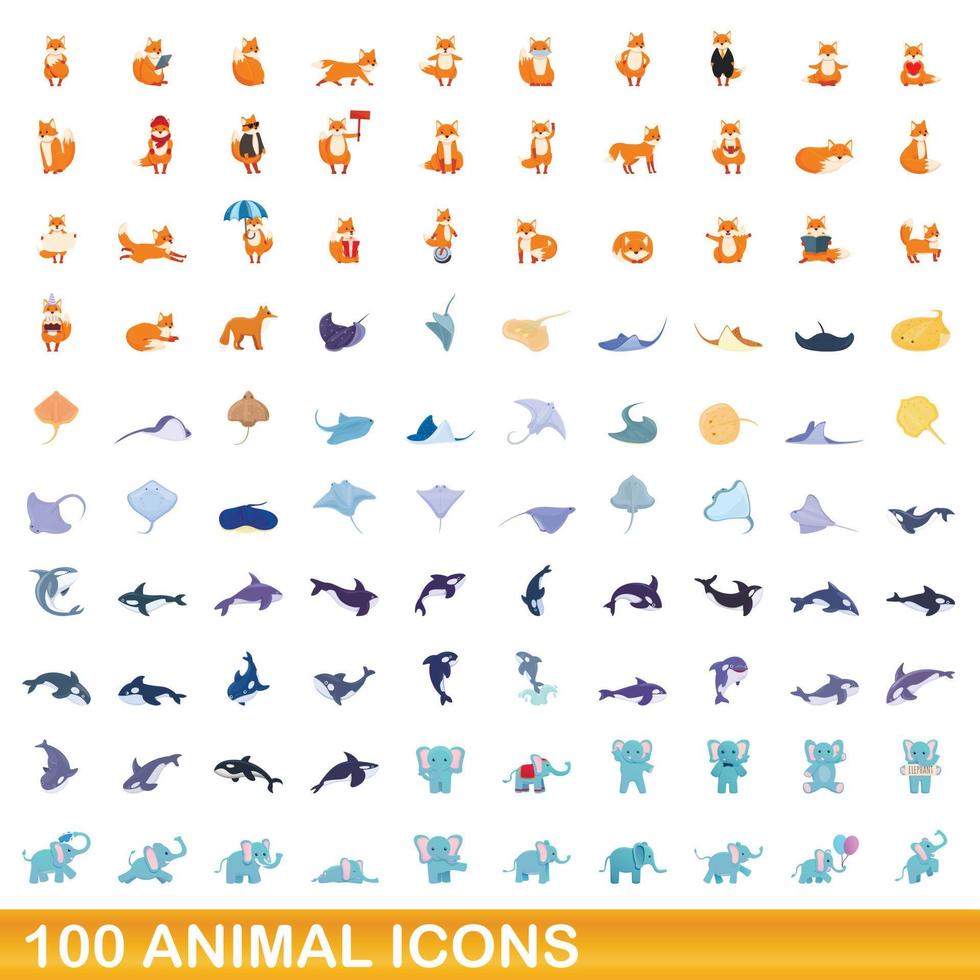 100 djur ikoner set, tecknad stil vektor
