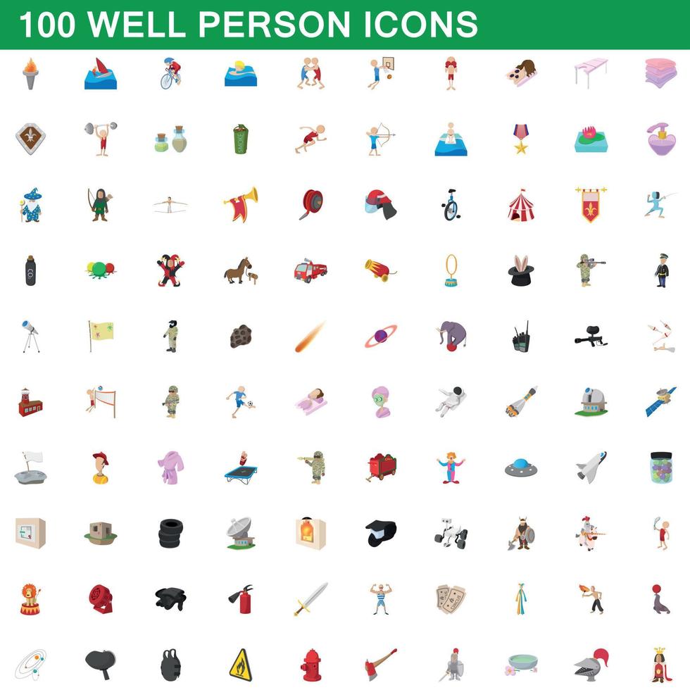 100 väl person ikoner set, tecknad stil vektor