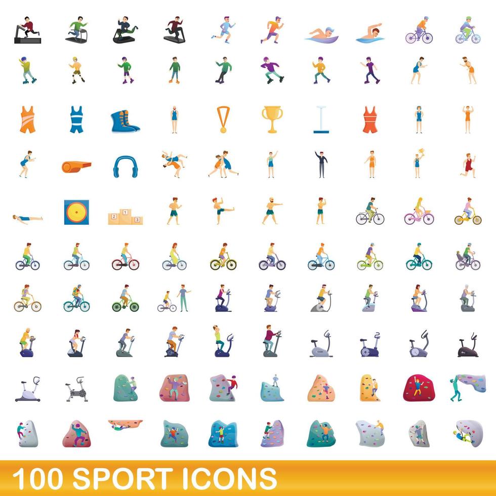 100 sport ikoner set, tecknad stil vektor