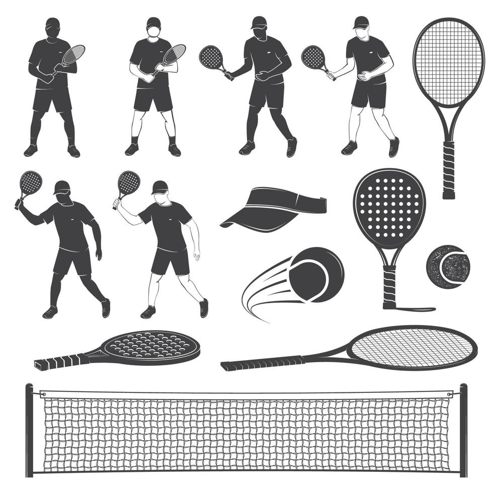 uppsättning silhuetter för tennis och paddeltennisutrustning. vektor illustration.