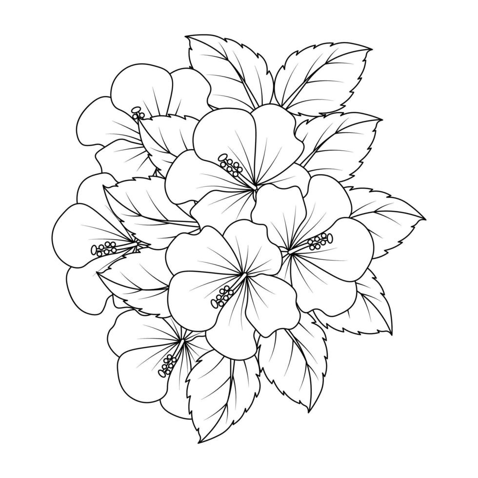 hibiskusblüten-farbseitenillustration mit strichzeichnungsstrich von schwarz-weißer hand gezeichnet vektor