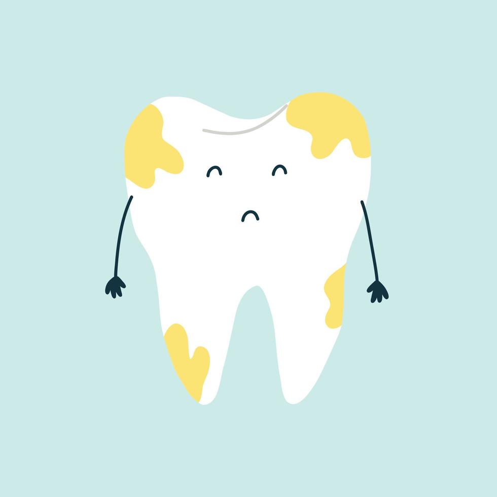 söt sorglig karaktär vit tand med gul plack vektor