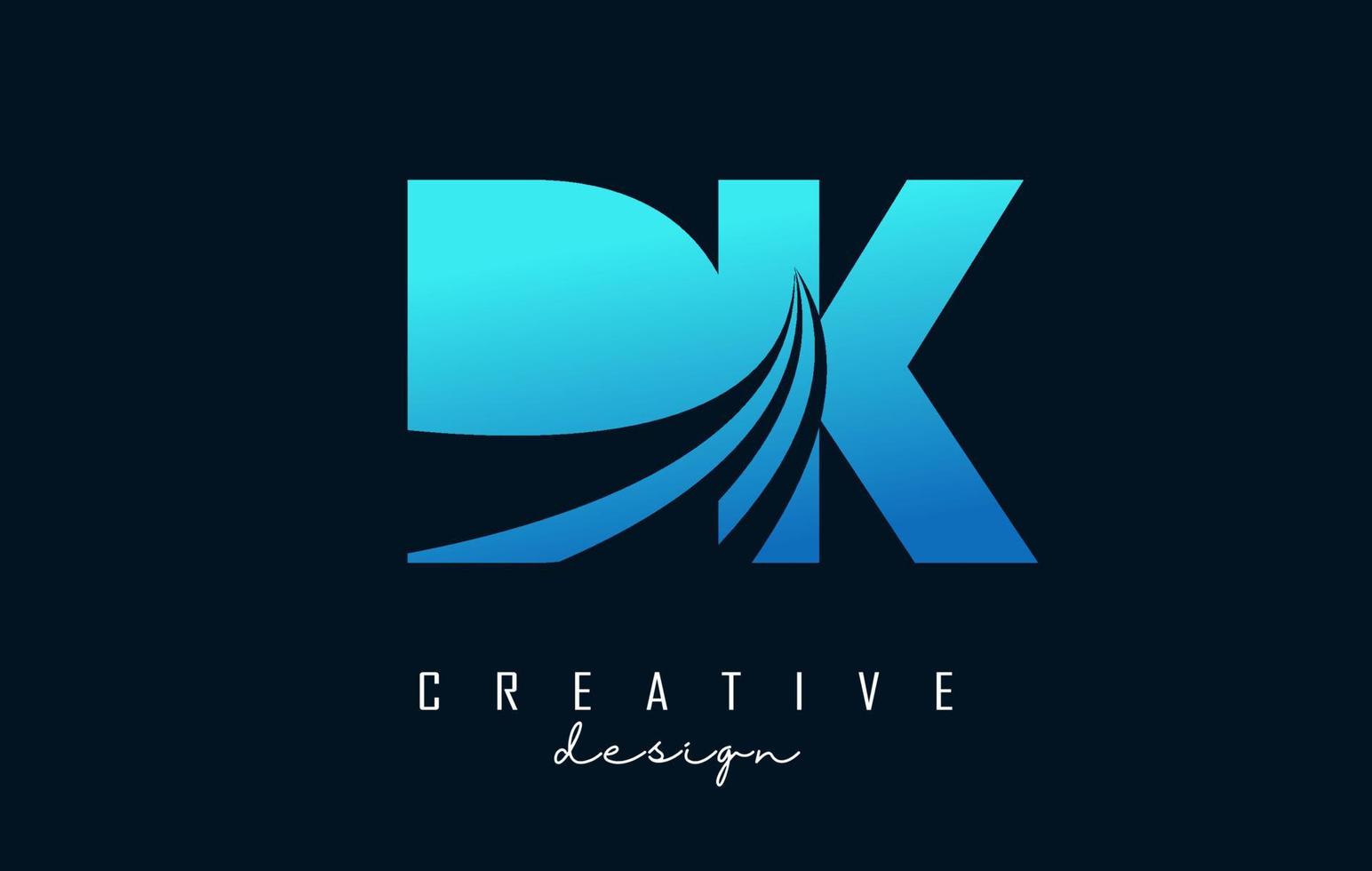 kreative blaue buchstaben dk dk-logo mit führenden linien und straßenkonzeptdesign. Buchstaben mit geometrischem Design. vektor