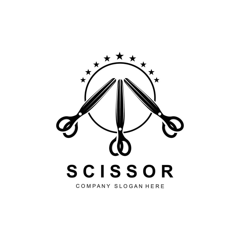 Scheren-Logo-Design, Vektorillustration-Schneidwerkzeug-Symbol-Aufkleber-Banner und Friseur-Firmenmarke vektor