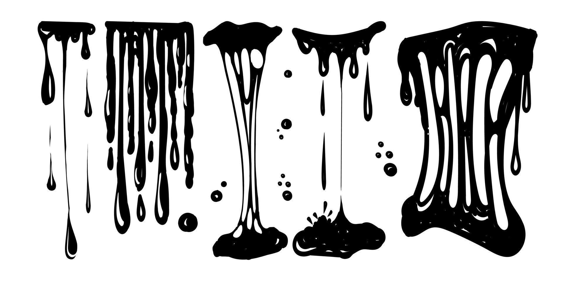 ett set för att arbeta med fläckar, slem. doodle stil målade element. svarta stänk av slem, sträckande slem, giftigt droppande slem. stänk och droppar av slem, vätskekanter. isolerade vektor form