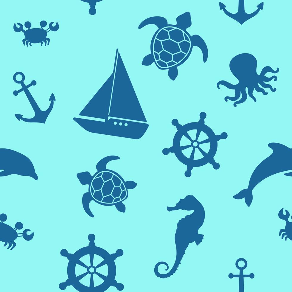 havet liv seamless mönster. vektor illustration av sjöhäst, sköldpadda, bläckfisk och båt. marina seamless mönster på blå för pojke textil.
