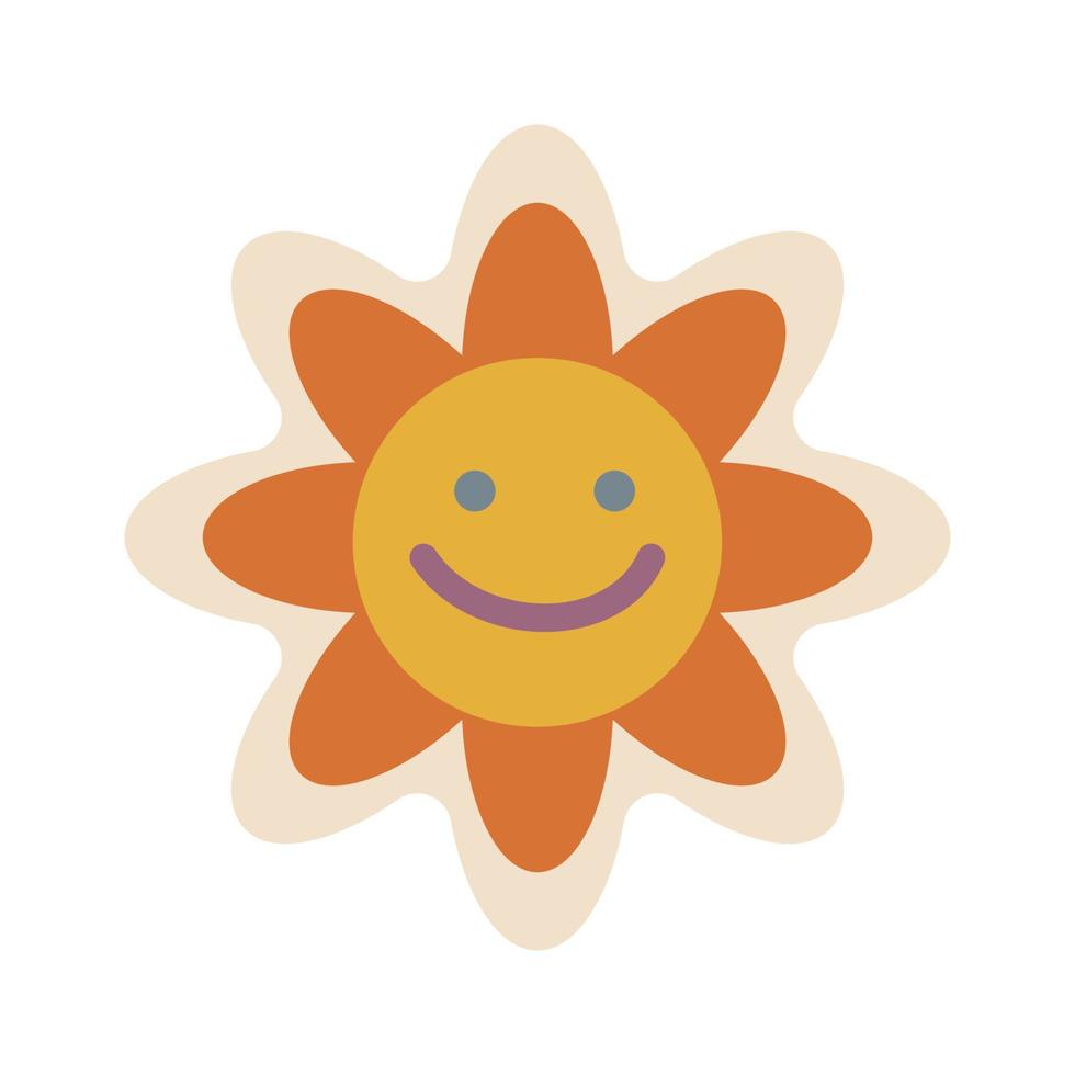 Ästhetik der siebziger Jahre, lustiger grooviger Blumenaufkleber. lächelndes Blumen-Emoji. grafisches Element. Retro-Design, gedeckte Farben, Striche. vektor