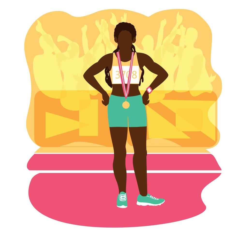 Afroamerikanerin gewann den Wettbewerb und erhielt eine Goldmedaille. steht in selbstbewusster Haltung in athletischer Form, mit einer Medaille auf der Brust. cheerleader im hintergrund.flache vektorillustration vektor