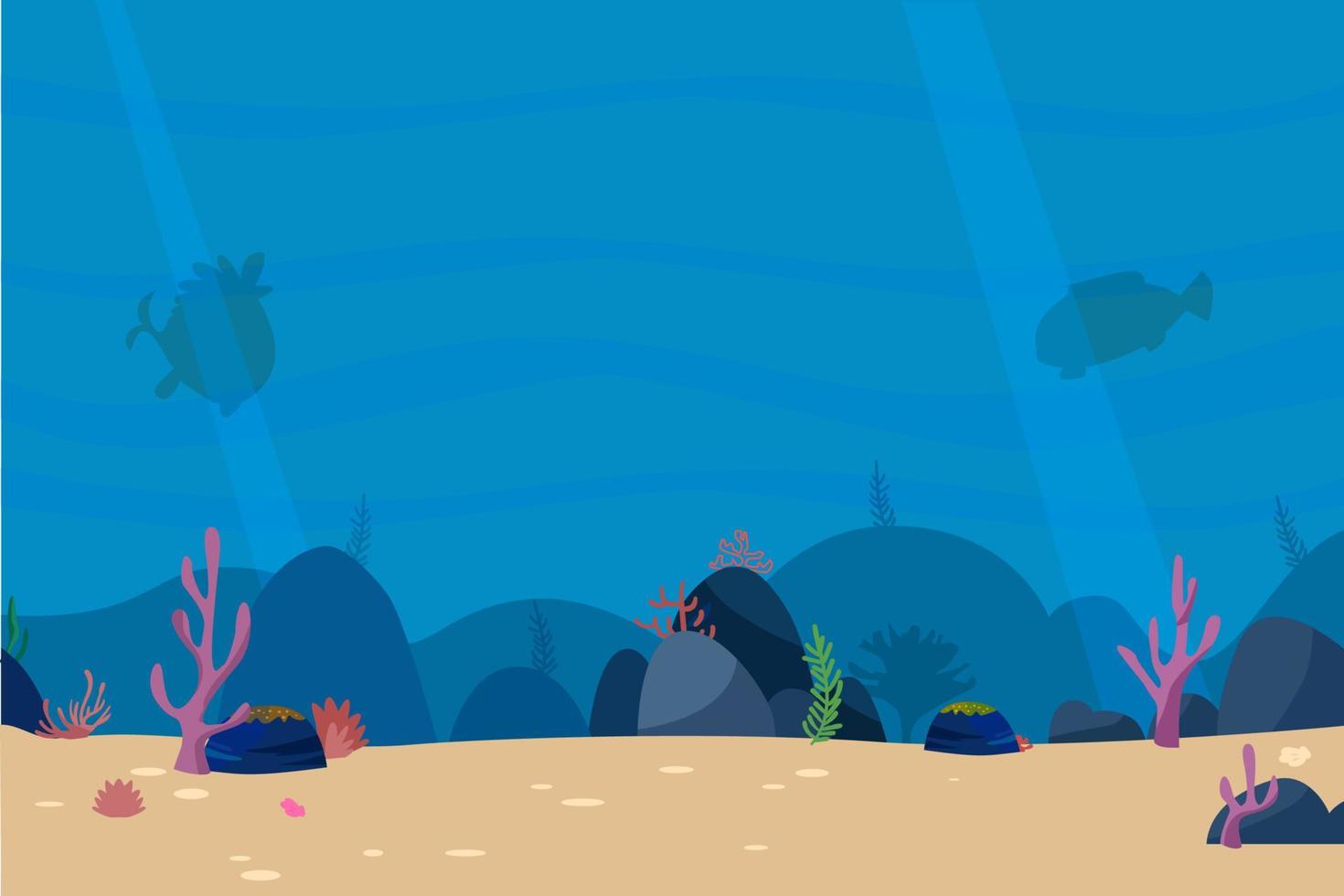illustration av landskap på havsbotten med havsväxter och stenar och söta havsfisksilhuetter vektor